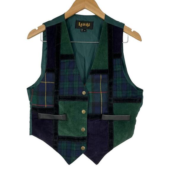 Vintage 90’s Learsi Vest Suede Leather Plaid Patchwork Green Small - Picture 1 of 9